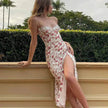 Women's Floral Spaghetti Strap Cami Dress Lace Trim Side Slit Bodycon Midi summer Dress