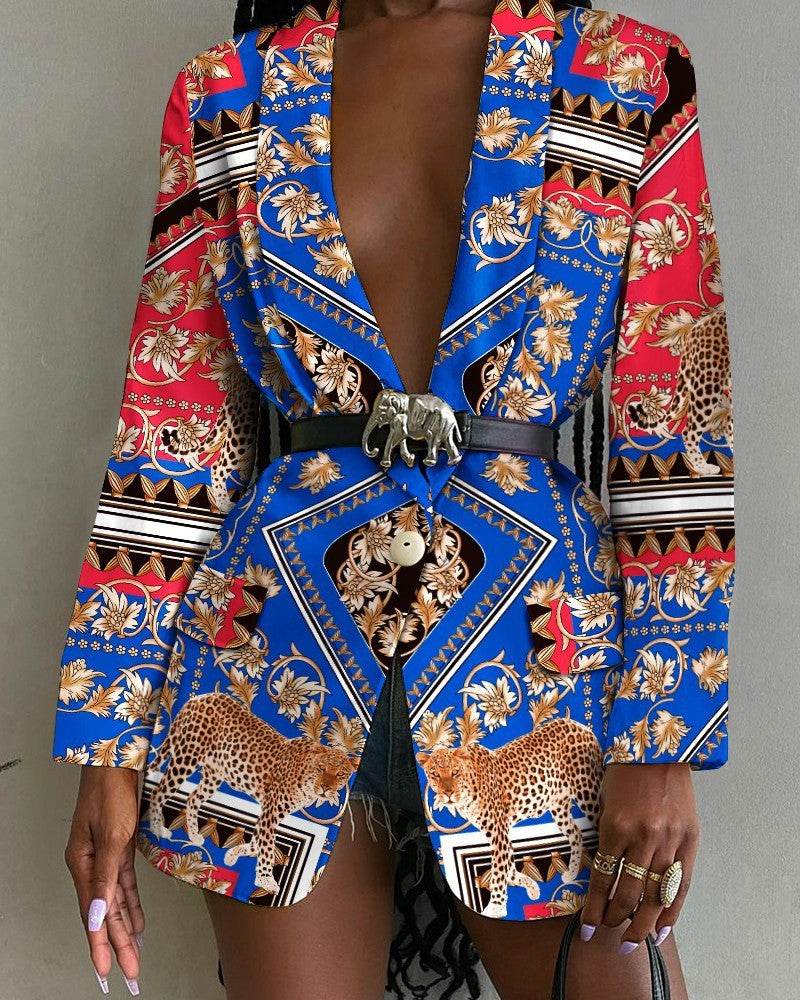 Fashion Printed Shawl Collar Single-breasted Belt Vintage Blazer Women