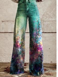 Women's Graphic Print Wide Leg Distressed Denim Pants – Plus Size Straight Leg Casual Jeans