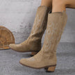 Women's Retro Pointed Toe Chunky Heel Solid Color Side Zipper Mid-calf Cowboy Boot