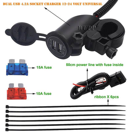 4.2A Dual USB Motorcycle Charger – IP66 Waterproof, Handlebar Mount, DC12-24V