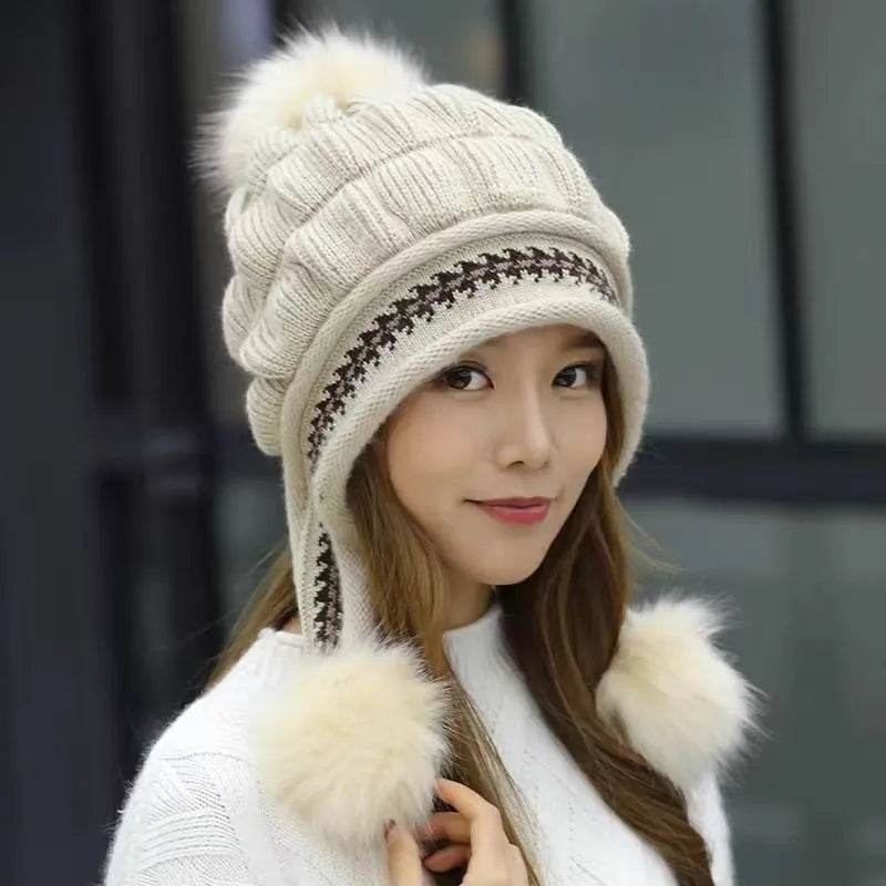 Women Cozy Knit Fleece-Feel Beanie With Ear Flaps Winter Hat Perfect For Skiing & Outdoor Activities
