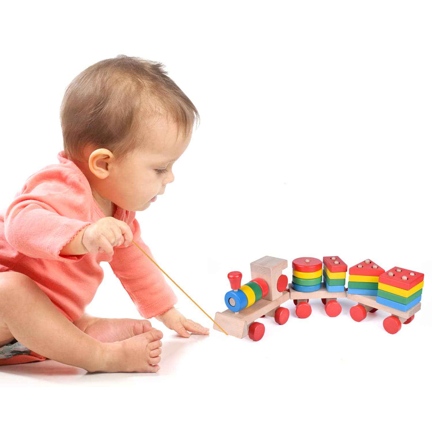 Fun Little Toys - Wooden Train Shape Sorter and Stacking Toy 25 Pcs