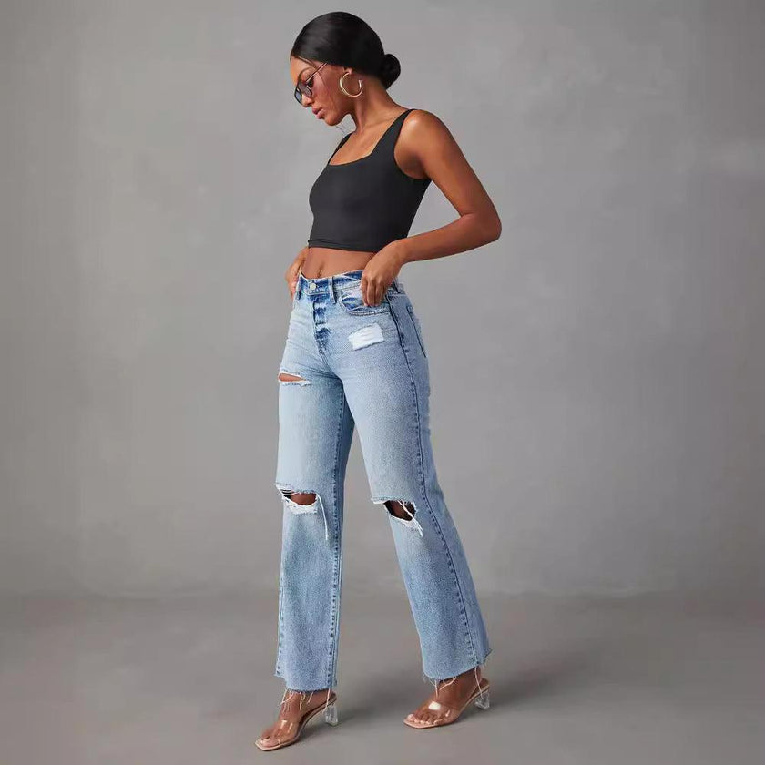 Ripped Raw-Hem High Waist Straight-Leg Jeans for Women – Casual Washed Denim