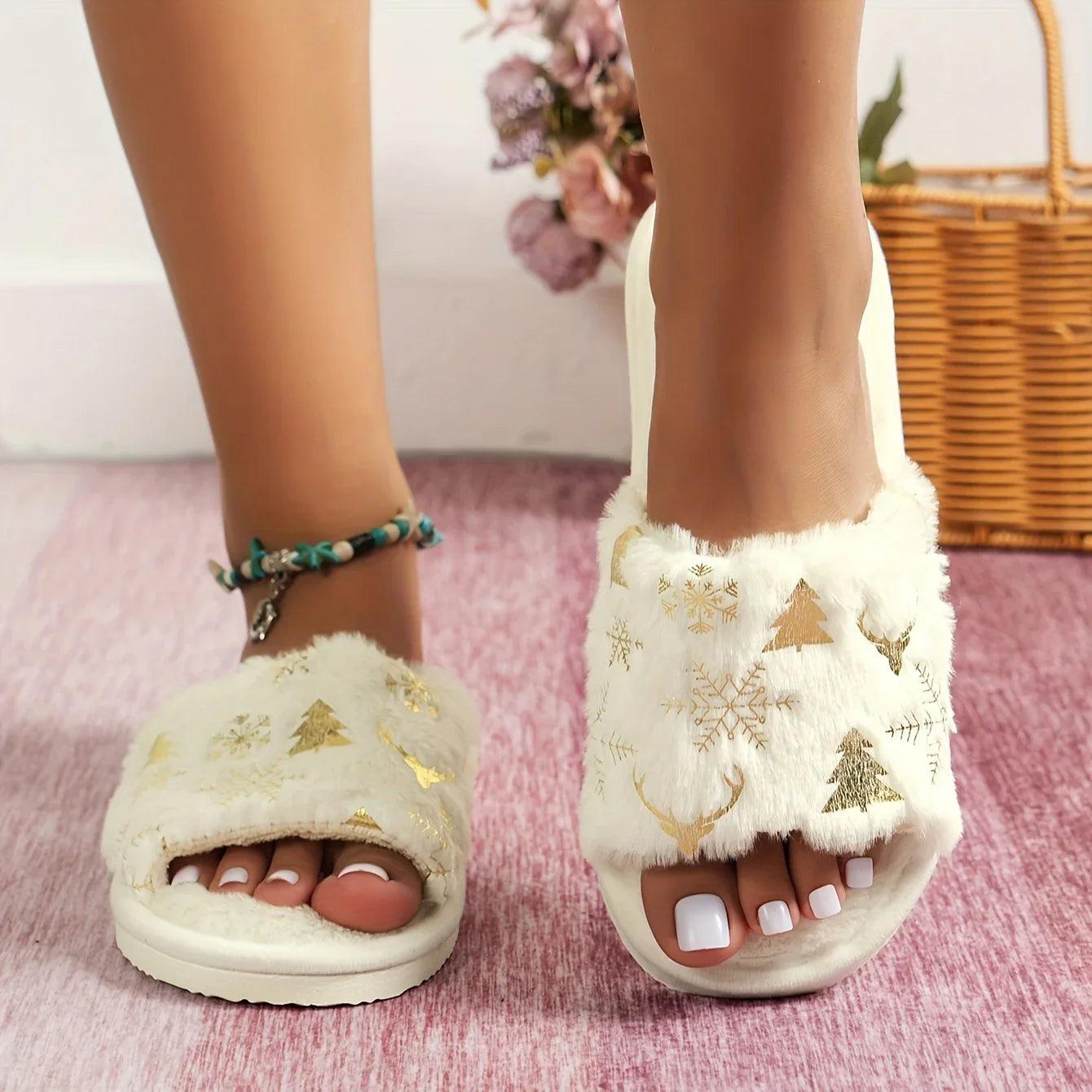 Christmas Plush Open Toe Furr Slippers for Women