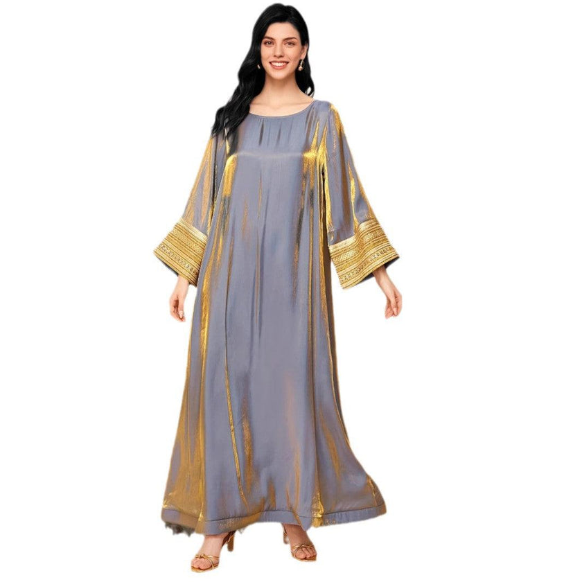 Women’s Kaftan Maxi Dress – Elegant Loose Abaya Gown with Gold Embroidered Sleeves | Modest Islamic Long Dress