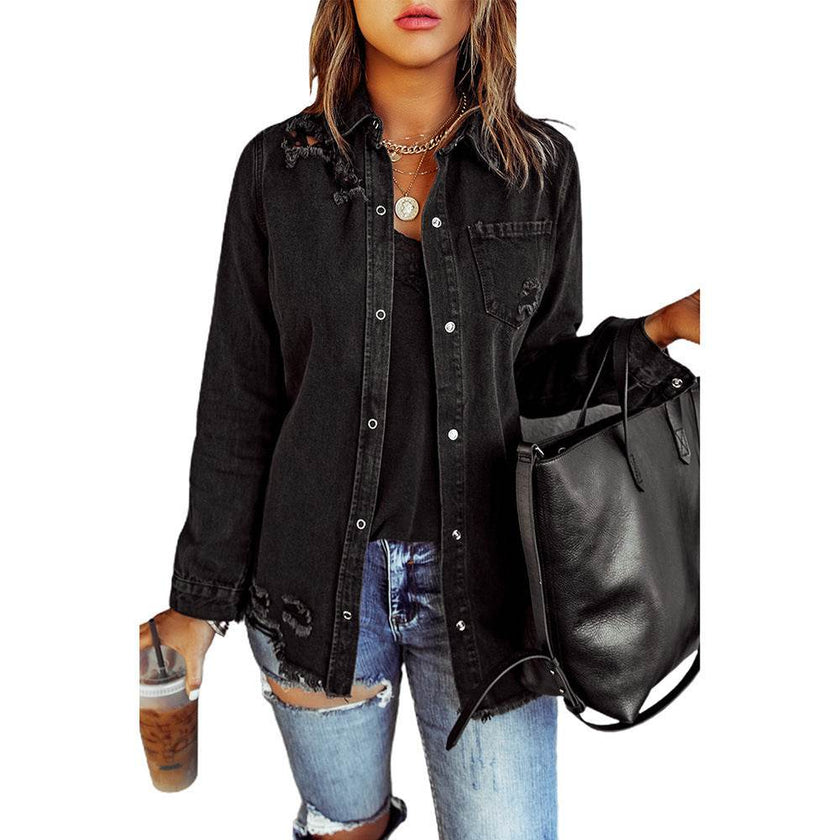 Long Sleeve Jeans Jacket Loose Fit Mid-Length Black