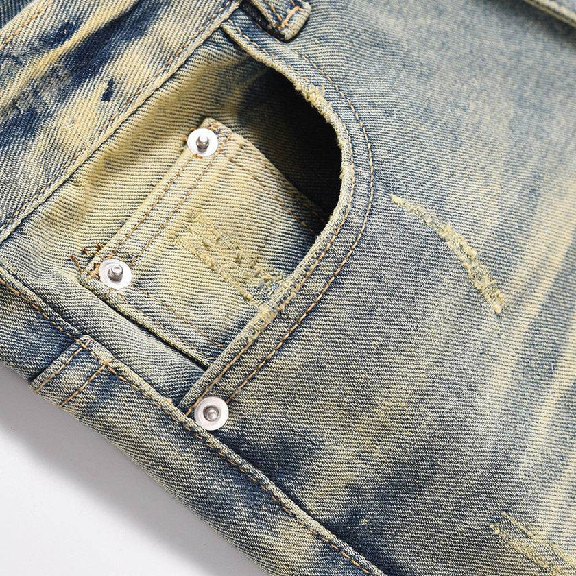 Distressed Scratches Denim Straight-leg Pants Men Jeans