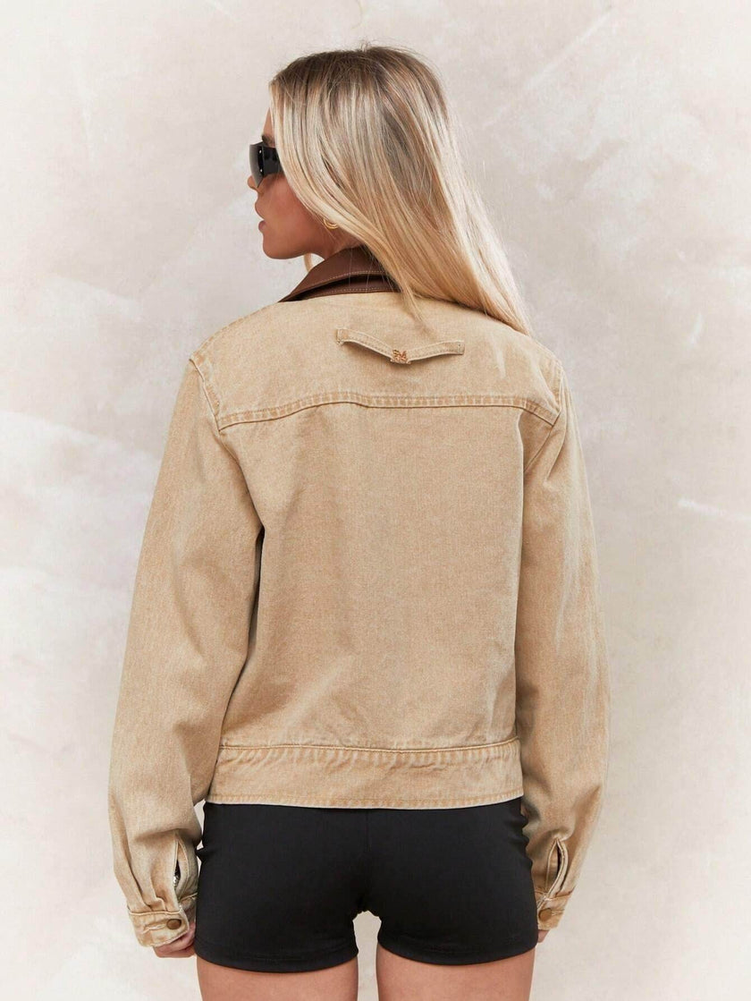 Apricot Collar Zipper Denim Jacket For Women