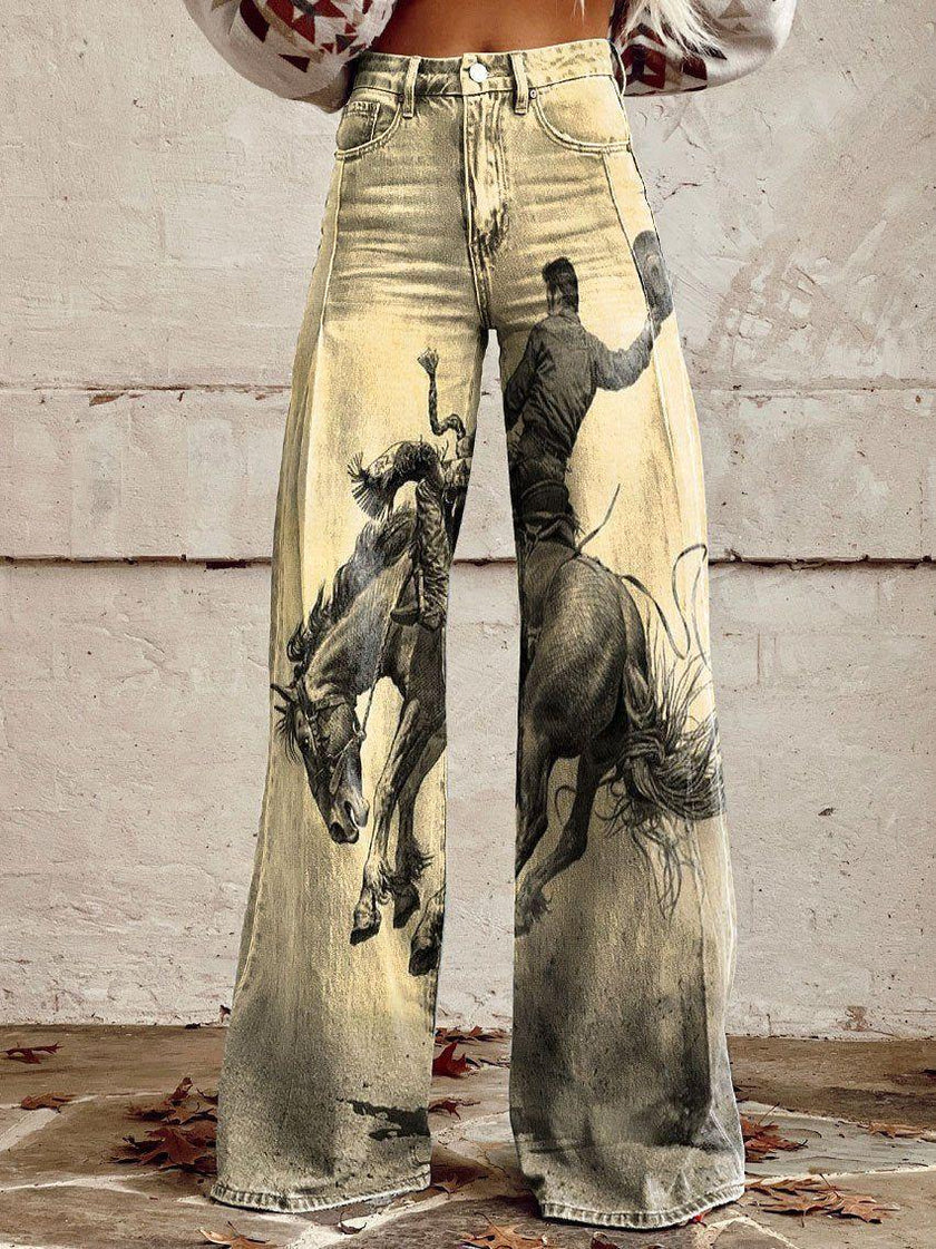 Graphic Printed Bootcut Jeans for Women – Wide Leg Printed Denim Trousers