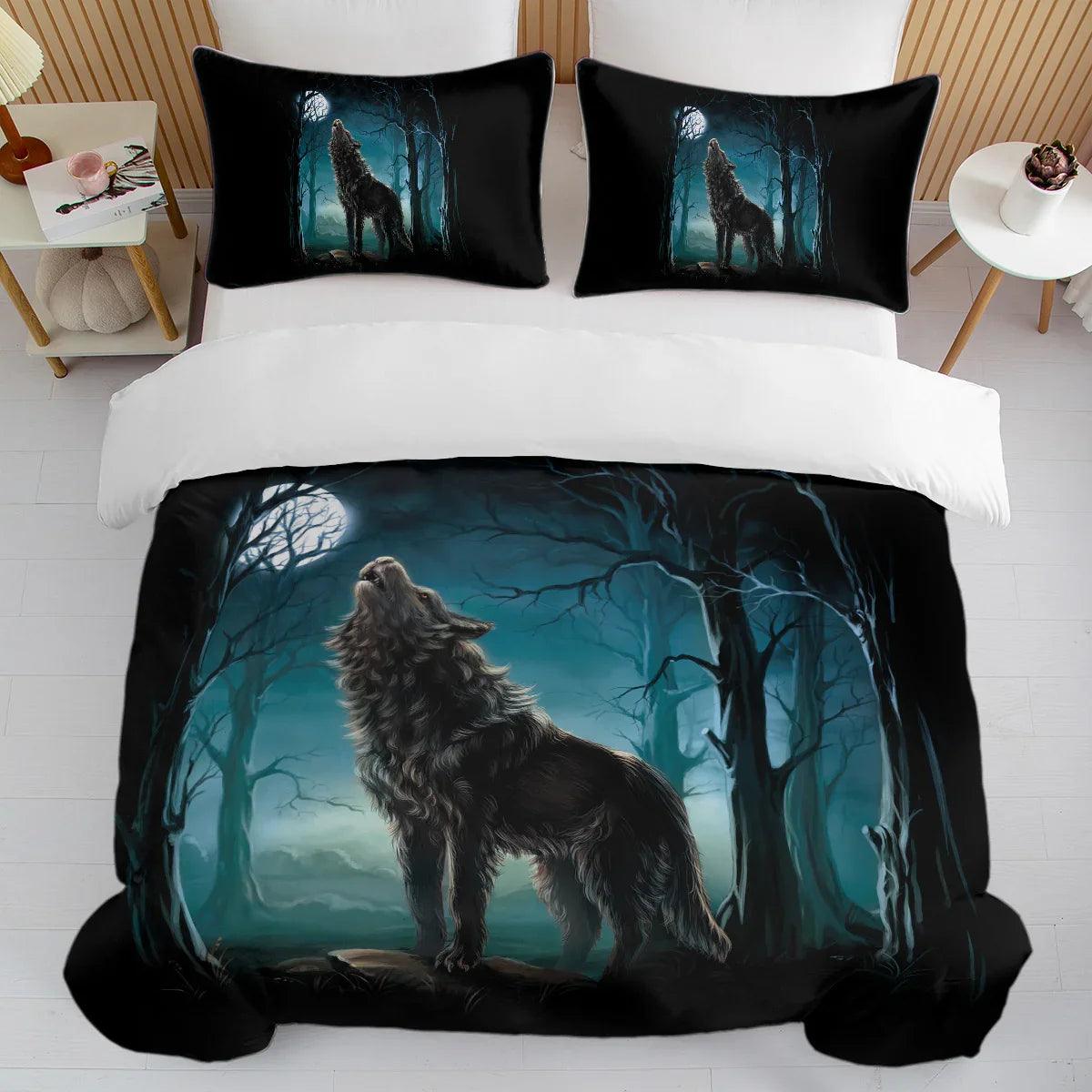 Moon Wolf Duvet Cover Set – Green Watercolor Forest Wolf Bedding | 3-Piece Microfiber | Twin Full King
