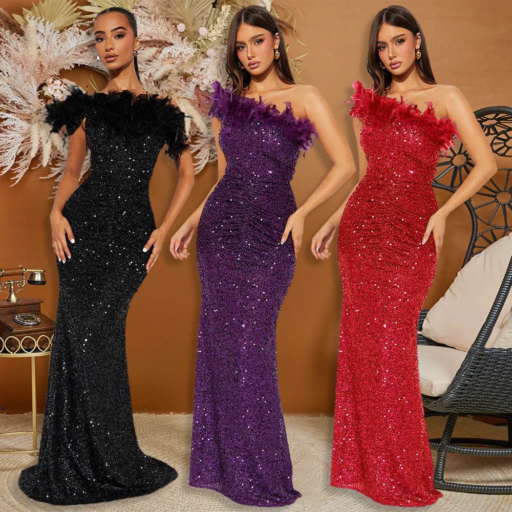 Luxury formal dress Feather Stitching Sequin Evening Dress Long dress