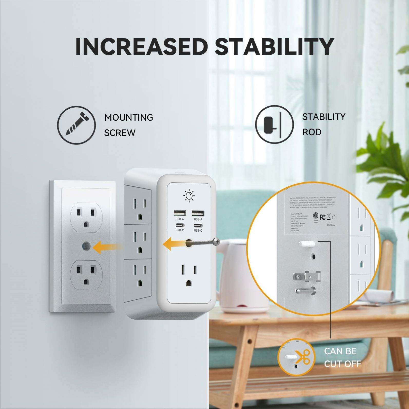 7-Outlet Power Bar with 4 USB Ports – IP67 Wall Socket Charger