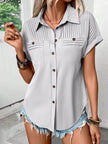 Lapel Shoulder Pleated Pocket Short Sleeve Top Shirt T-shirt Women