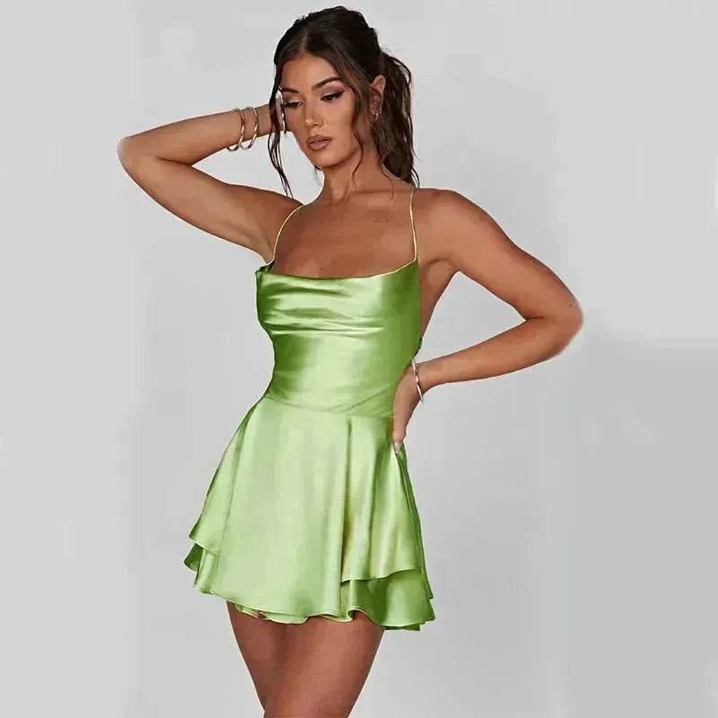 Elegant Chic Skirt Dress For Women Elegant Slim Strap Satin Backless Lace Up Ladies Party Mini Skater Dress