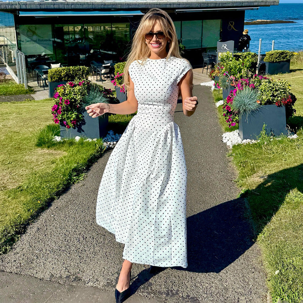 Retro Printed High Waist Maxi Dress – Sleeveless Crew Neck Floor-Length Dress for Women