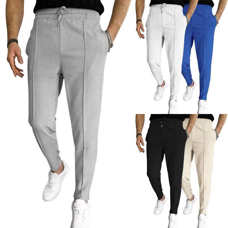 Men's Casual Fashion Waffle High Waist Drawstring Elastic fitted straight leg Pant