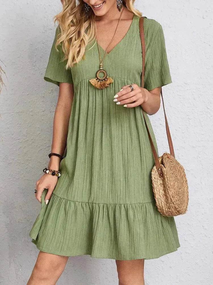Summer Beach  V-neck Dresses Women's Loose Casual Short-sleeved Loose Skater Dress for Chic Ladies