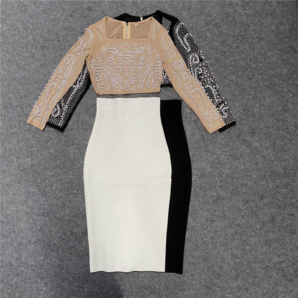 2-Piece Beaded Mesh Long-Sleeve Top and Midi Pencil Skirt Work Set