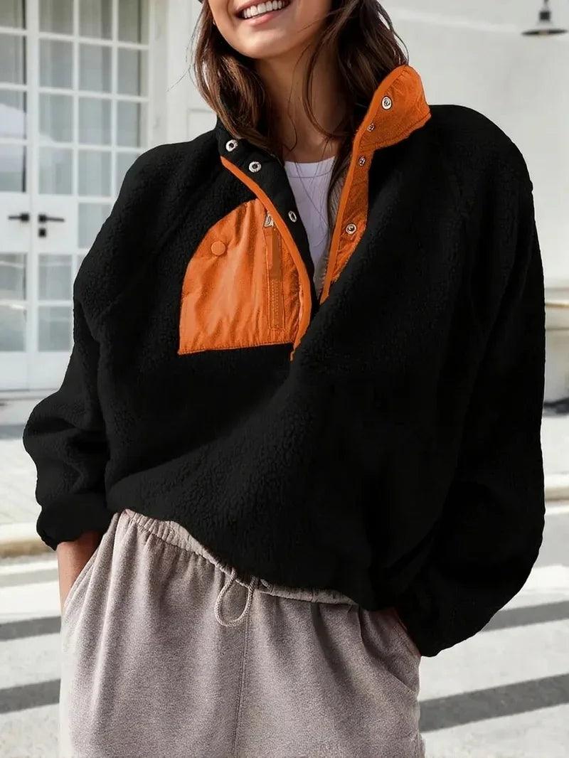 Women's Fashion Sweatshirt Fleece Stand Collar Zipper Pocket Top