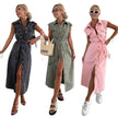 Elegant Lapel Single Breasted Button down Denim Midi Dress Tie belt Split Jeans Dress