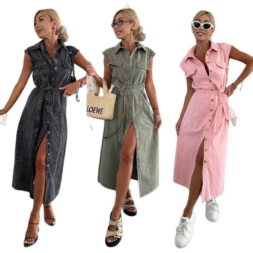 Elegant Lapel Single Breasted Button down Denim Midi Dress Tie belt Split Jeans Dress