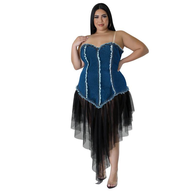 Women's Fashion Sleeveless Denim Stitching Mesh Jeans Tassel Dress