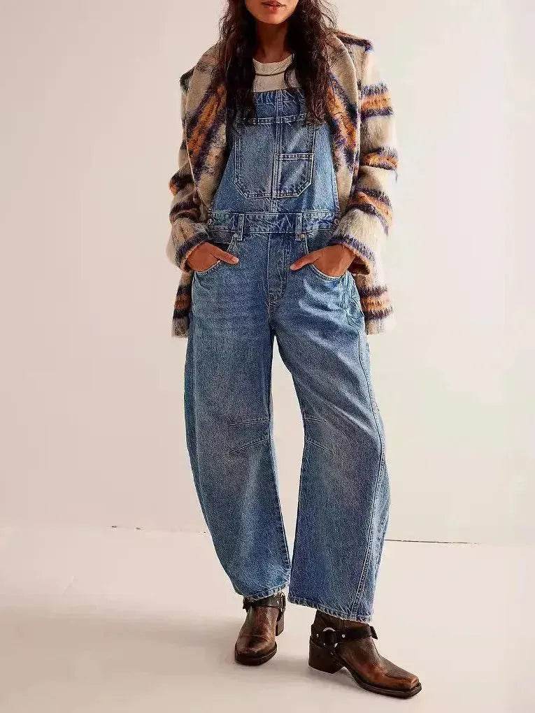 Women's Loose Denim Overalls Jumper – Casual Bib Suspender Jeans Jumpsuit with Pockets | Streetwear