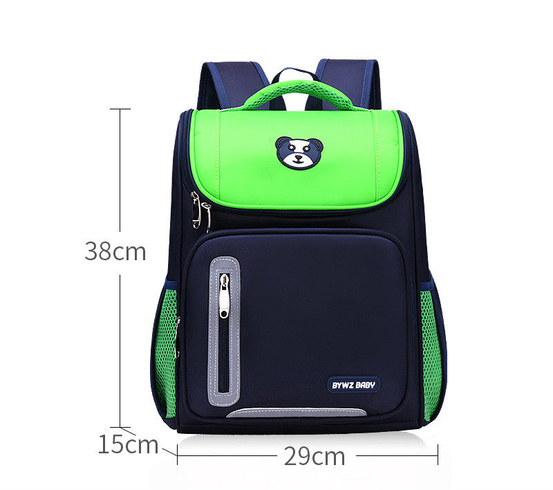 Kids Colour-Contrast Nylon School Backpack – Lightweight Children's Bag with Panda Patch (Blue, Red, Green)