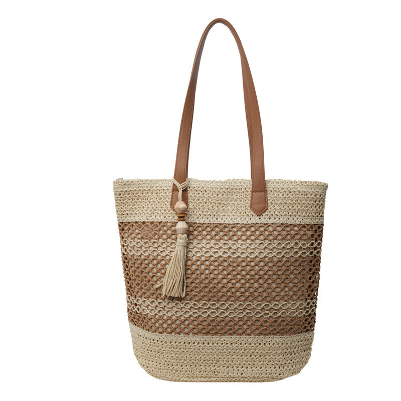 Striped Straw Beach Tote Bag with Tassel – Large Capacity Boho Shoulder Bag | Beige & Brown