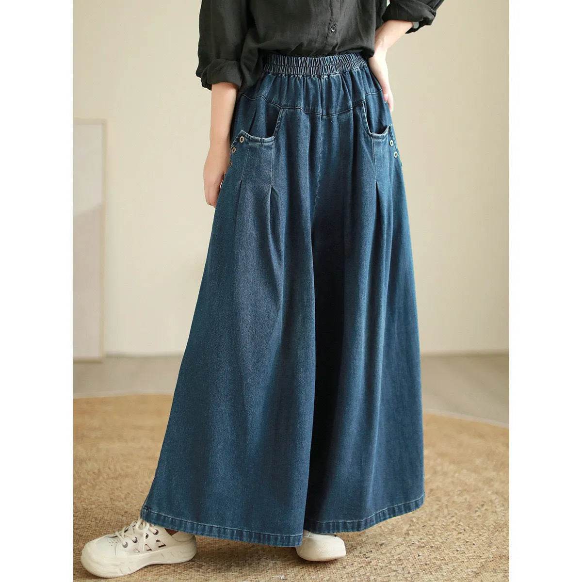 Wide-leg Baggy Jeans Pant Elastic Waist Washed Wear-white Loose Slimming And All-matching Trousers For Women