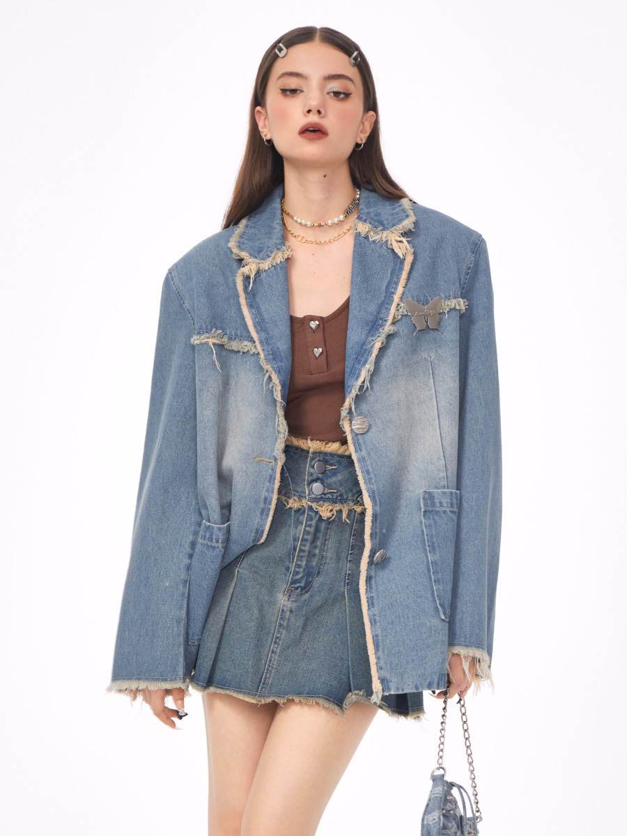 Loose Denim Jacket Polo Collar Single-Breasted Design