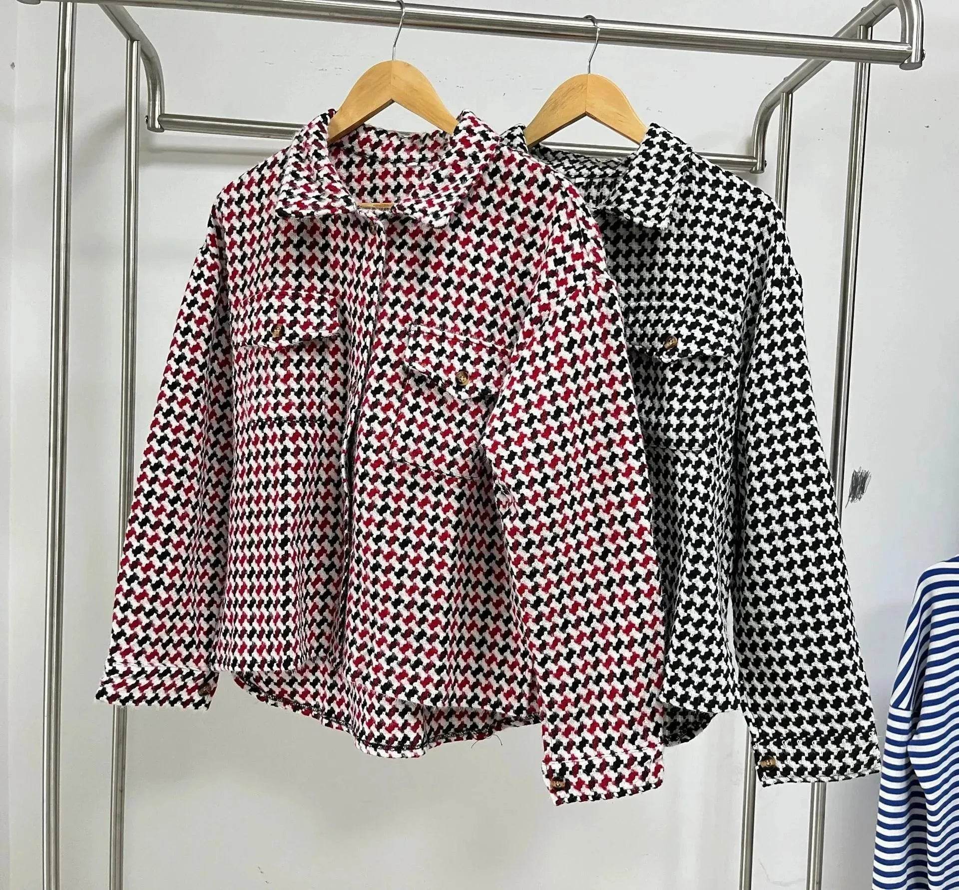 Casual Houndstooth Lapel Tweed Button long sleeve shirt tops for women