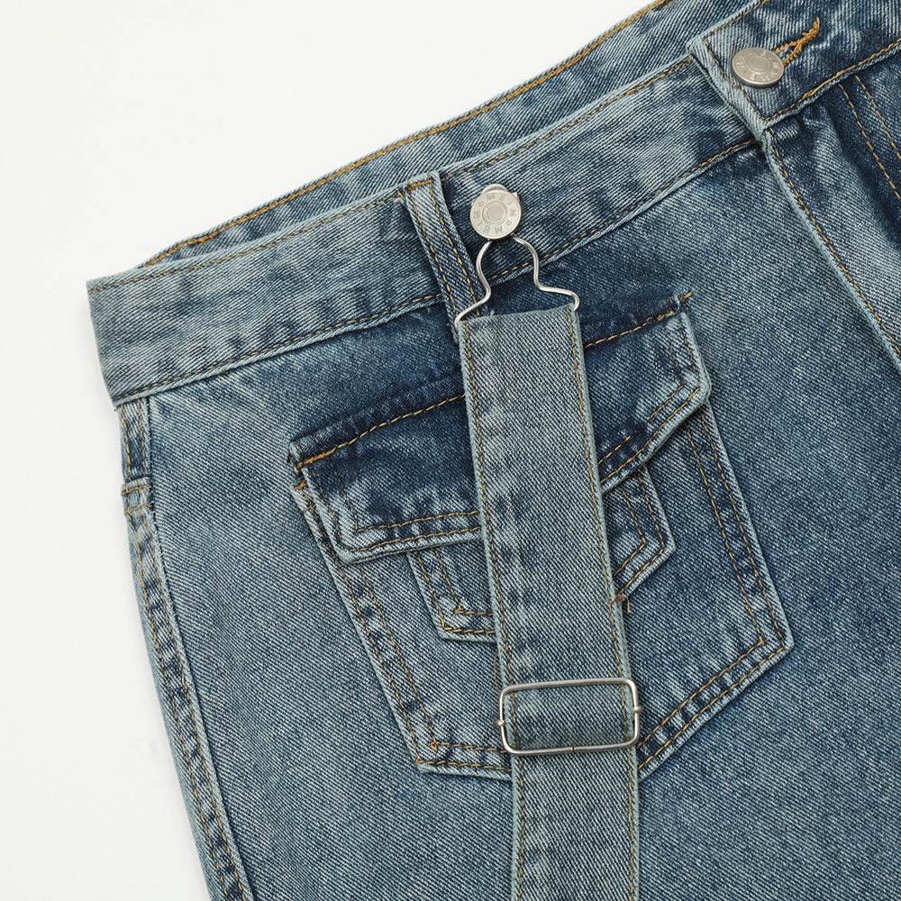 Ribbon Design Multi-pocket Workwear Denim Trousers Men Jeans