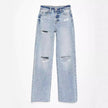 Ripped Raw-Hem High Waist Straight-Leg Jeans for Women – Casual Washed Denim