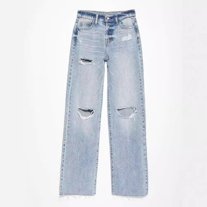 Ripped Raw-Hem High Waist Straight-Leg Jeans for Women – Casual Washed Denim