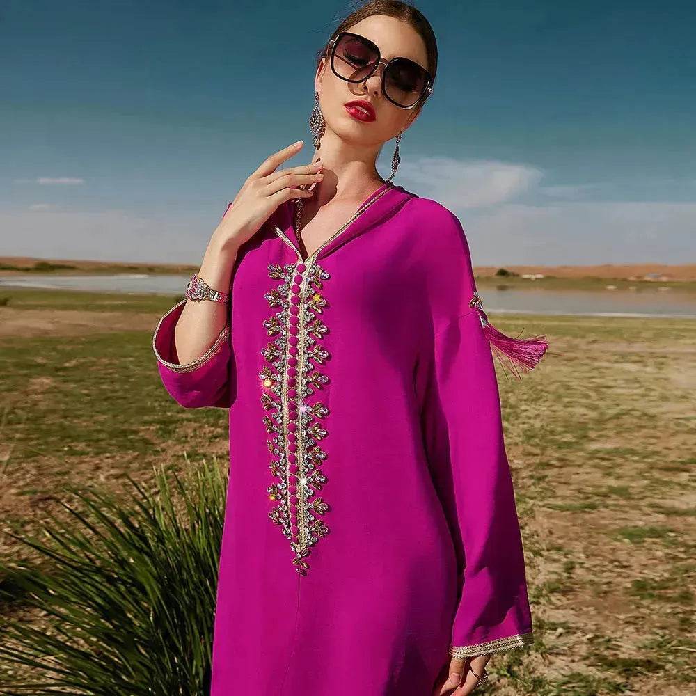 Women's Luxury Rose Red Hooded Middle East Moroccan Dubai Style Dress Fancy Embellish Summer Turkish dress