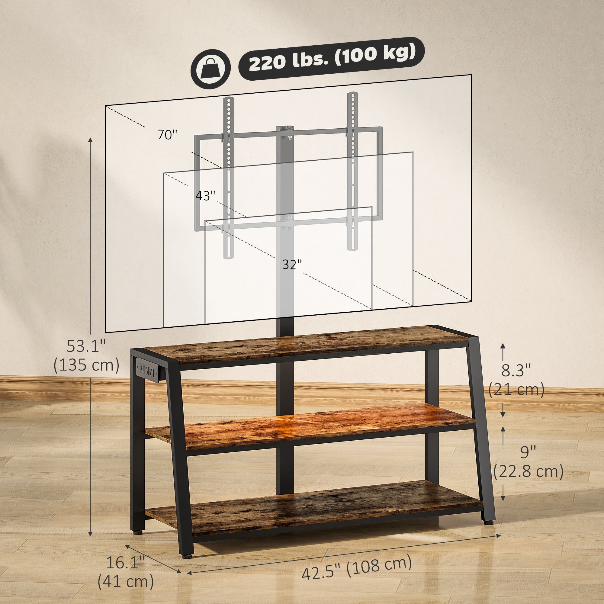 Bay TV Stand with Swivel Mount, Power Outlet and LED Lights for 32-70