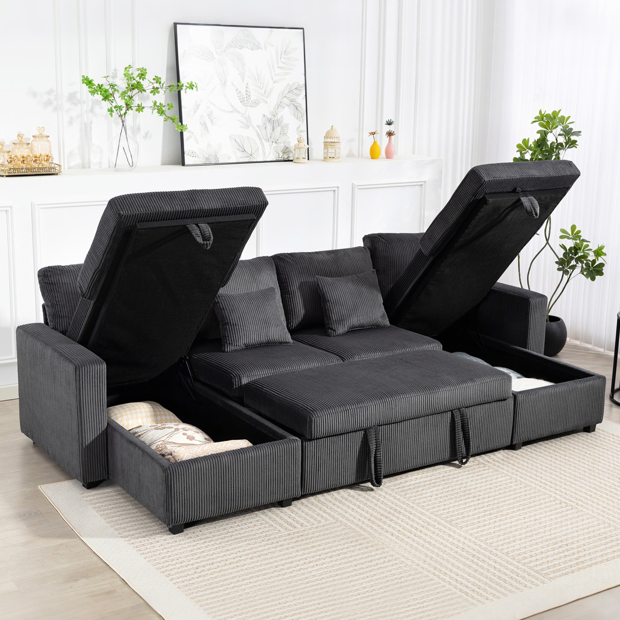 Theo U-Shaped Sleeper Sectional with Storage Chaise-Grey