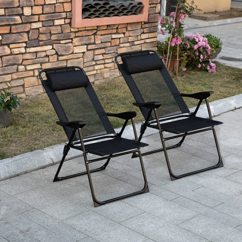 Outsunny Dual Camping Delight: Double Foldable Reclining Camping Chairs with Headrest, Black