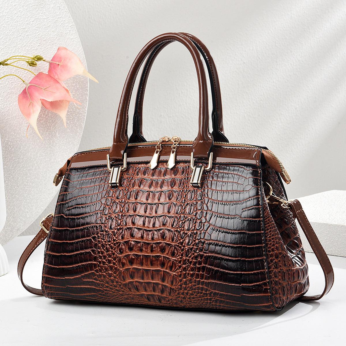Women's Large-Capacity Patent Leather Commuter Handbag with Crocodile Pattern
