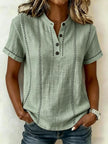 Summer Striped Short-Sleeve Shirts Casual Stand-Collar V-neck Button Blouse Womens Clothing