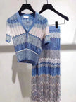 V-neck Wave Stripe Knit Top & Midi Skirt Set | Blue Chevron