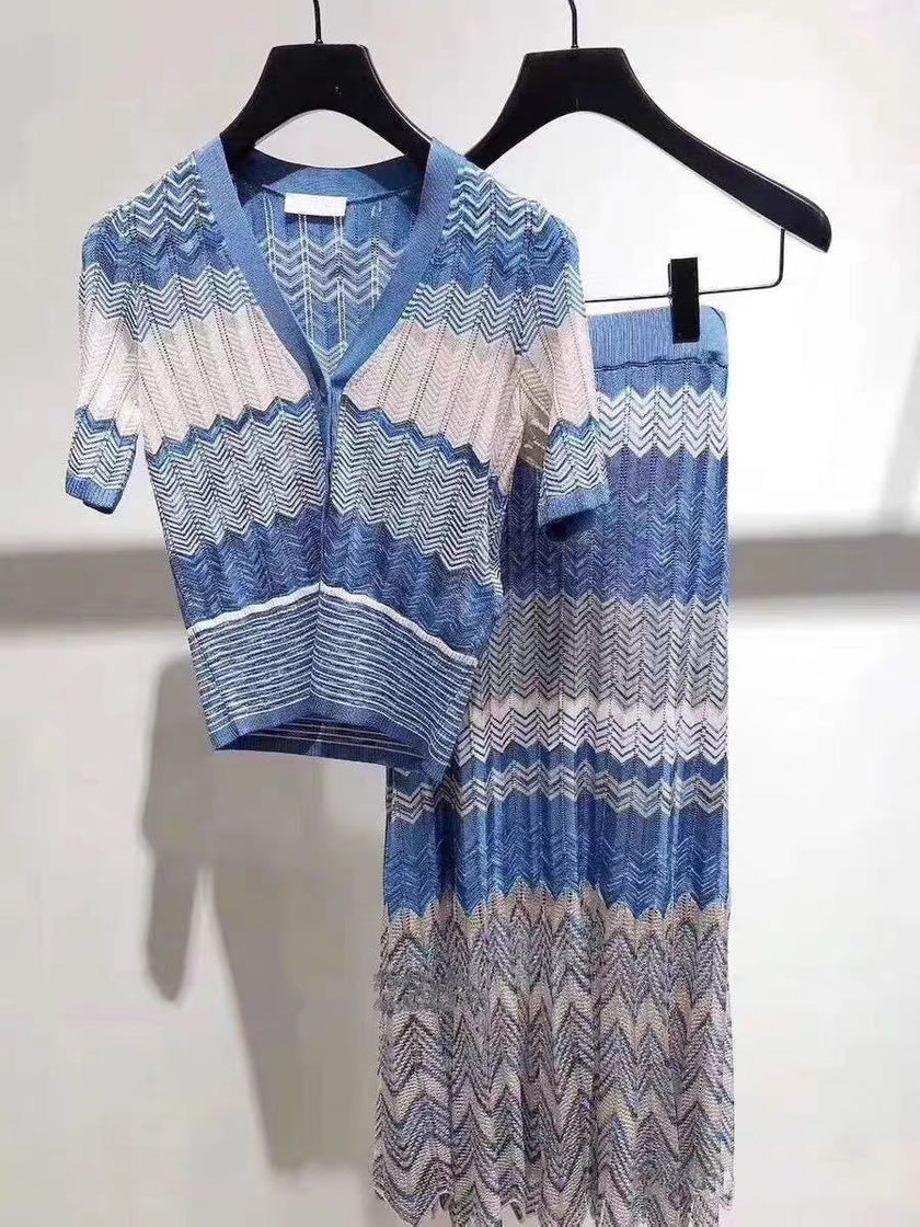 V-neck Wave Stripe Knit Top & Midi Skirt Set | Blue Chevron