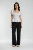Sera – Cotton Poplin Puff Sleeve Peplum Blouse Top In White