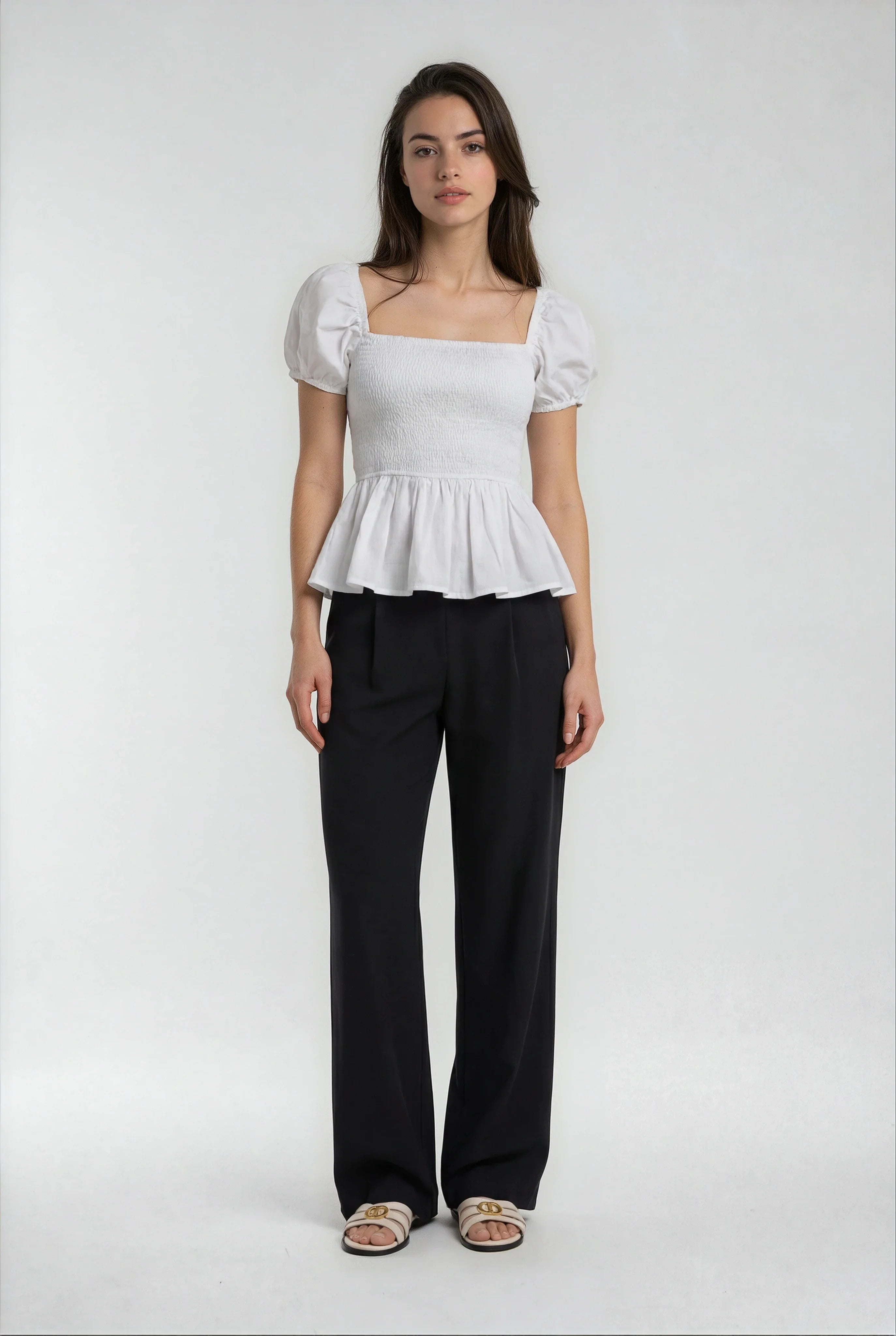Sera – Cotton Poplin Puff Sleeve Peplum Blouse Top In White