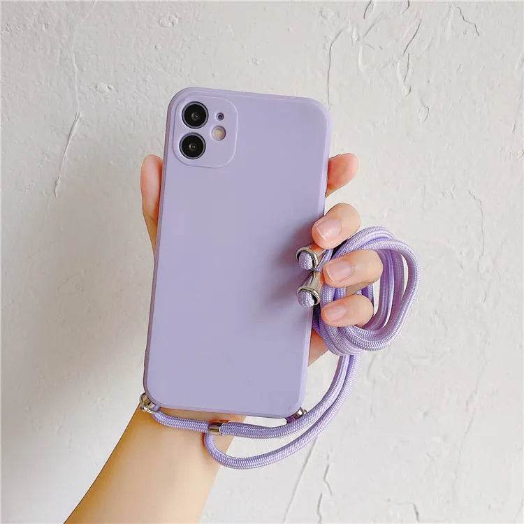 Solid Color Diagonal Lanyard Phone Case Silicone Couple Phone Case