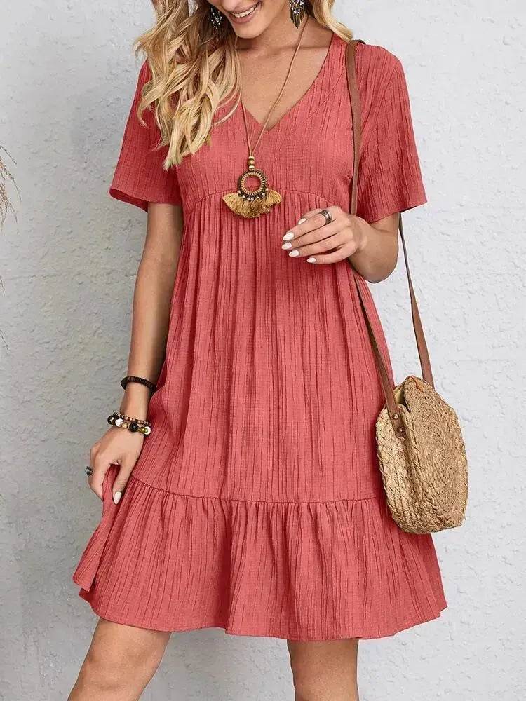 Summer Beach  V-neck Dresses Women's Loose Casual Short-sleeved Loose Skater Dress for Chic Ladies