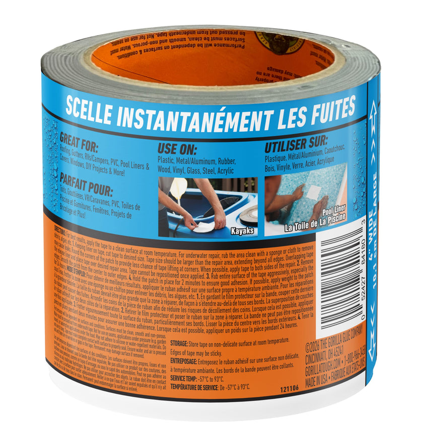 Gorilla Waterproof Patch & Seal Tape, Heavy-Duty, Instantly Seals, Works Underwater, Indoor/Outdoor, Flexible Permanent Bond, 4 in x 10 ft, White 🍁 All In One Marketplace Canada