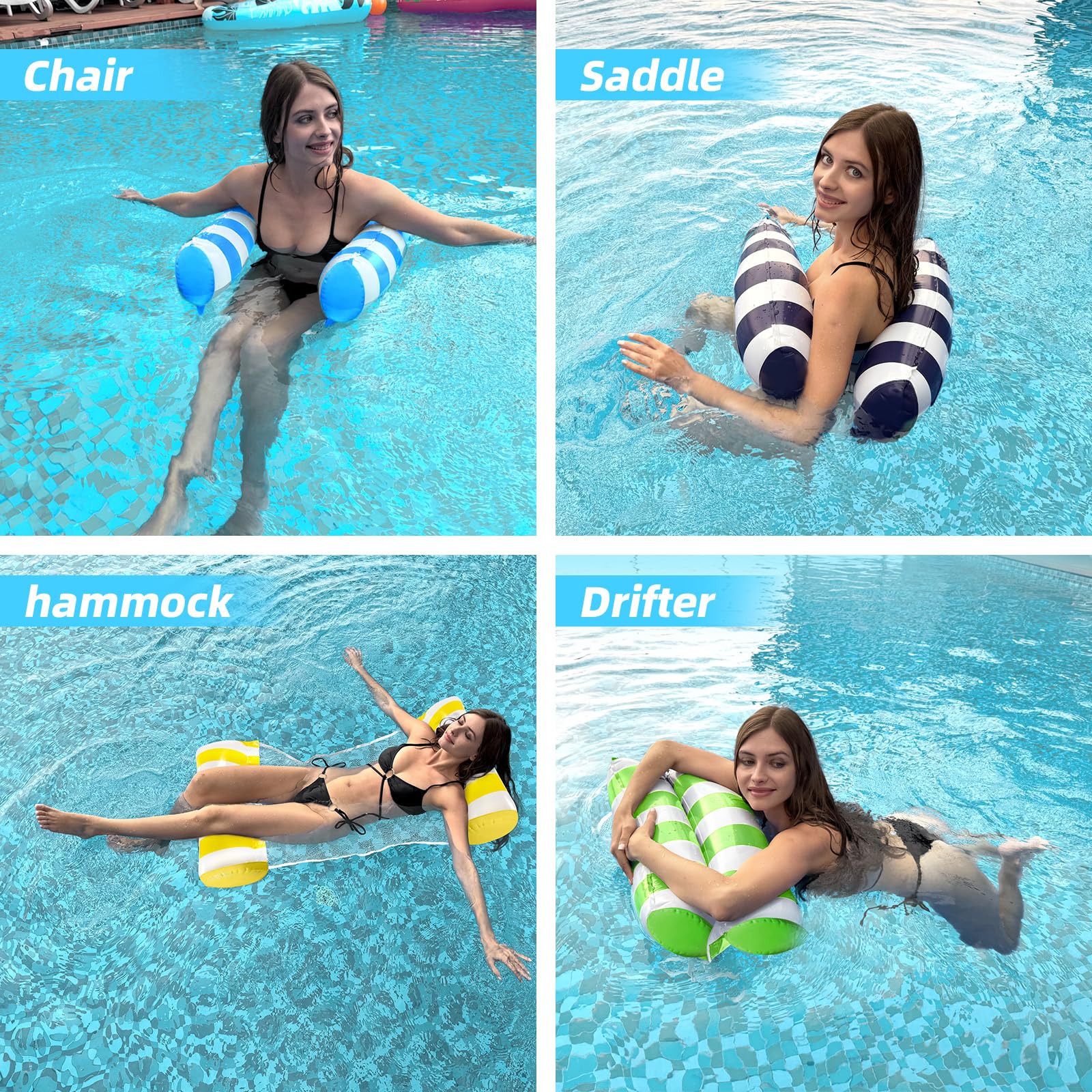 4 Pack 4-in-1 Pool Floaties for Adults (Hammock, Saddle, Chair, Drifter) – Non-Stick Mesh Inflatable Water Lounger, Portable Pool Hammock for Water Party, Pool, Lake, Beach, Outdoor, XL 🍁 All In One Marketplace Canada
